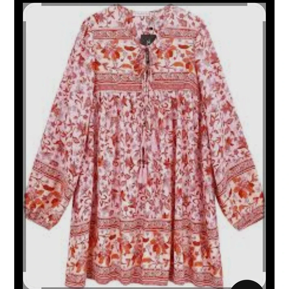 R.Vivimos Dress Medium Pink Red White Floral‎ Boho Peasant Tassel Tie Midi SZ L
